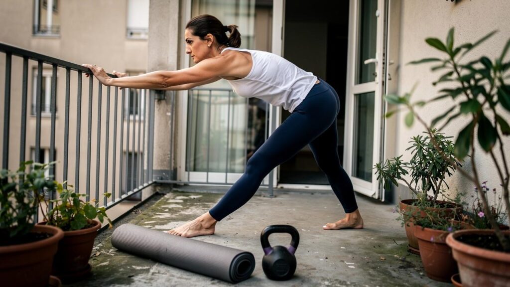 Žena istezanje balkon kettlebell