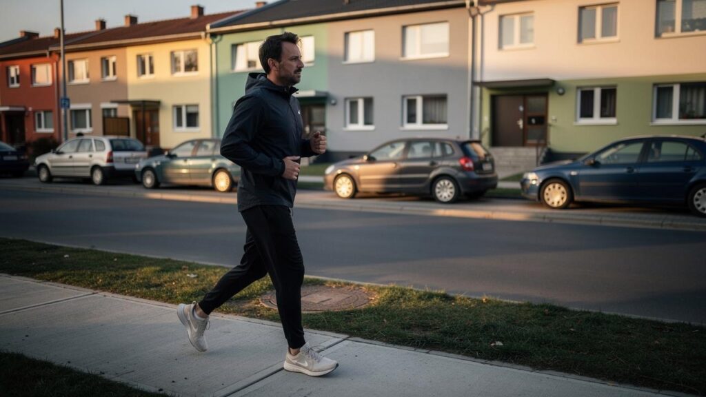 Trči muškarac trotoarom pored kuća